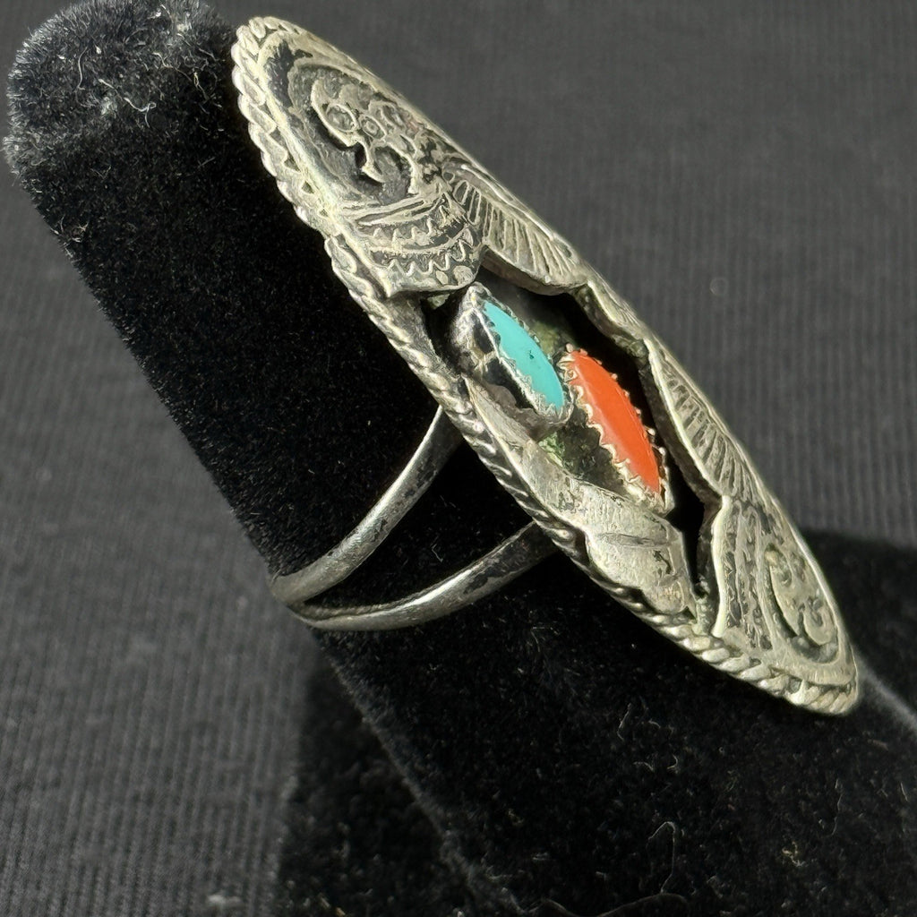 Native Turquoise Coral Thunder Bird Sterling Silver Ring Size 5.5 925 JN