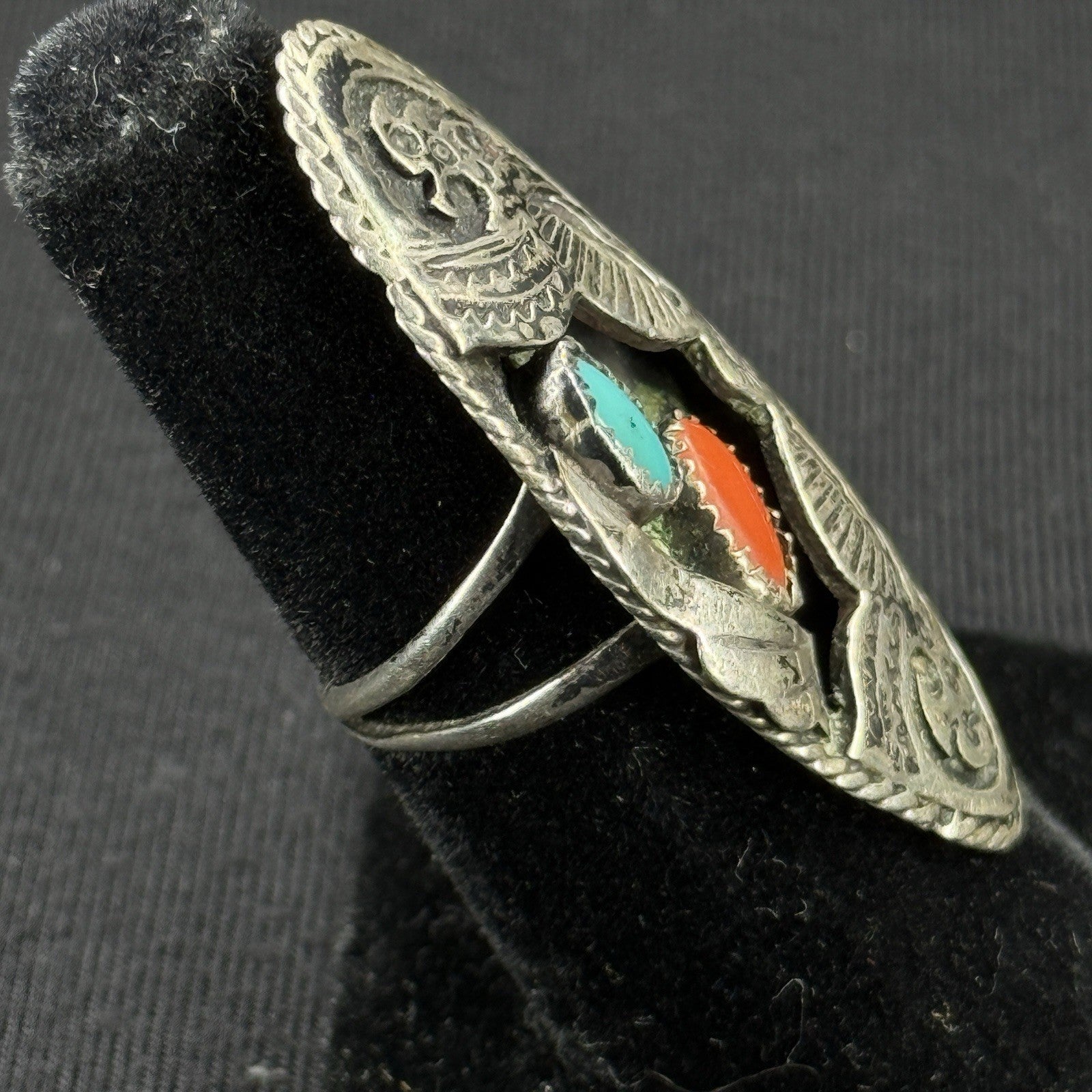 Native Turquoise Coral Thunder Bird Sterling Silver Ring Size 5.5 925 JN