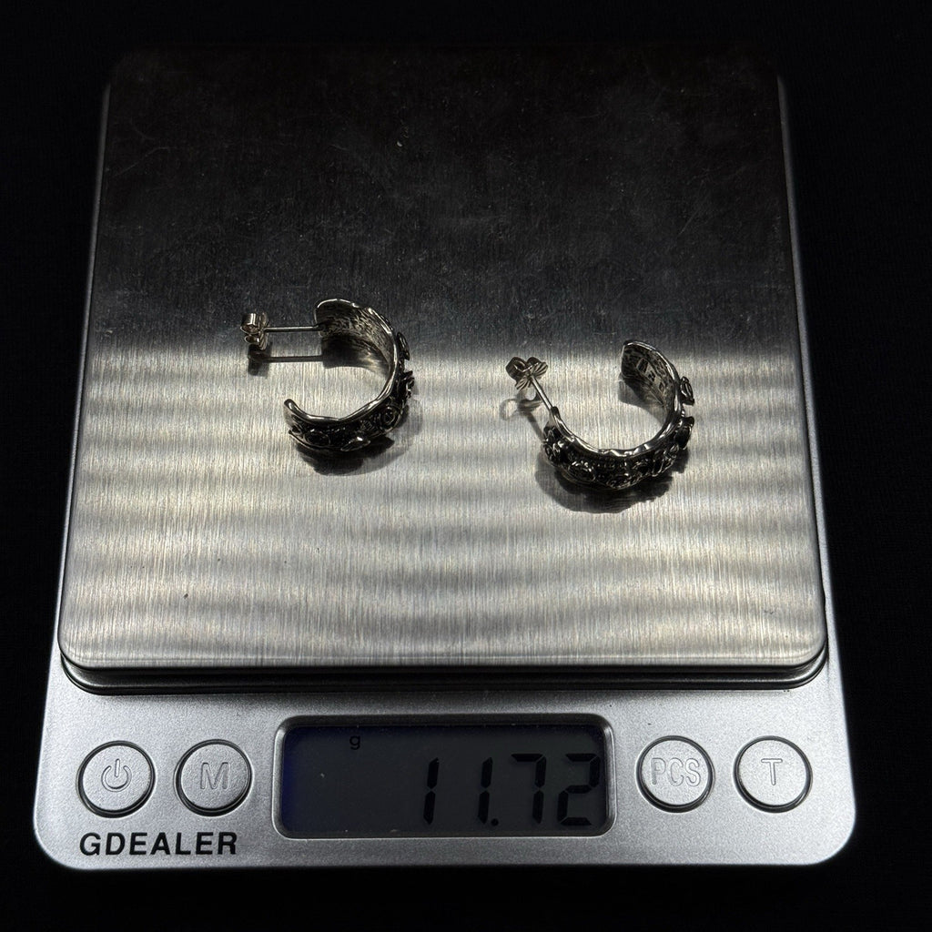 Estate Sterling Silver Earrings Floral  Half Hoop Stud 925 Israel