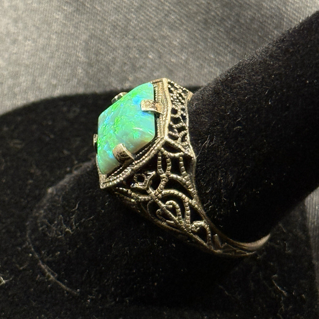 Sterling Ring Silver Ring Art Deco Filigree Green Opal Size 7.5 Signed SS