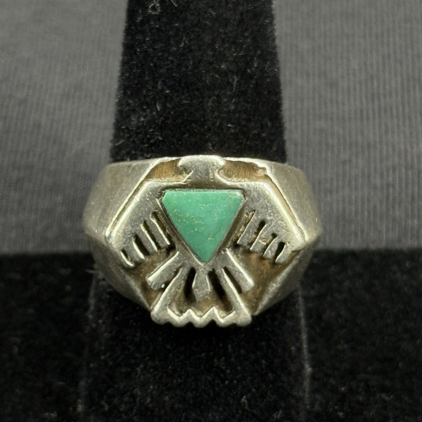 Native Green Turquoise Sterling Silver Thunder Bird Ring Size 8 925 Heavy