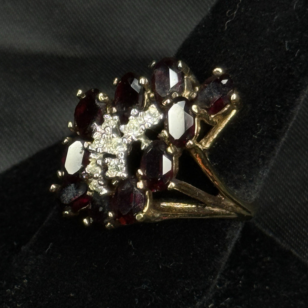Estate Sterling Silver Ring Garnet CZ Cluster Gold Washed Size 7.5 925
