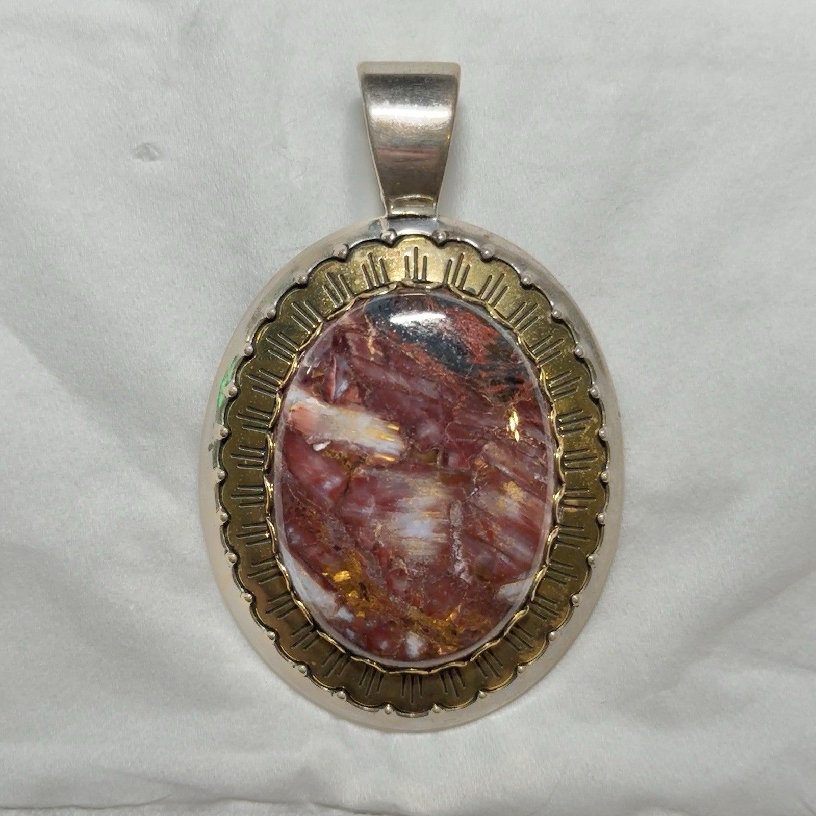 Relios/Carolyn Pollack Sterling & Brass  Large Brown Marbled Jasper Pendant