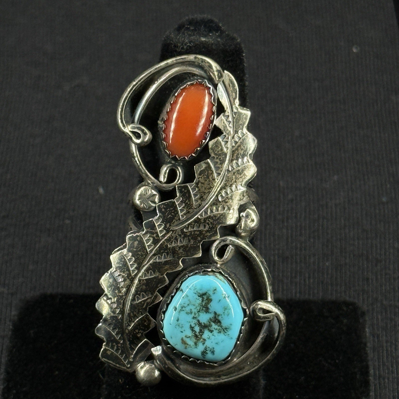 Native Turquoise Coral Feather Sterling Silver Ring Size 5.25 925 H L