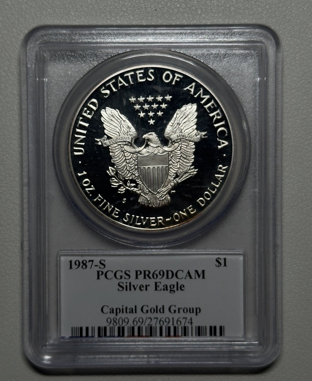 1987 S PROOF SILVER EAGLE PCGS PR69 DCAM EDMUND C. MOY HAND SIGNED FLAG LABEL