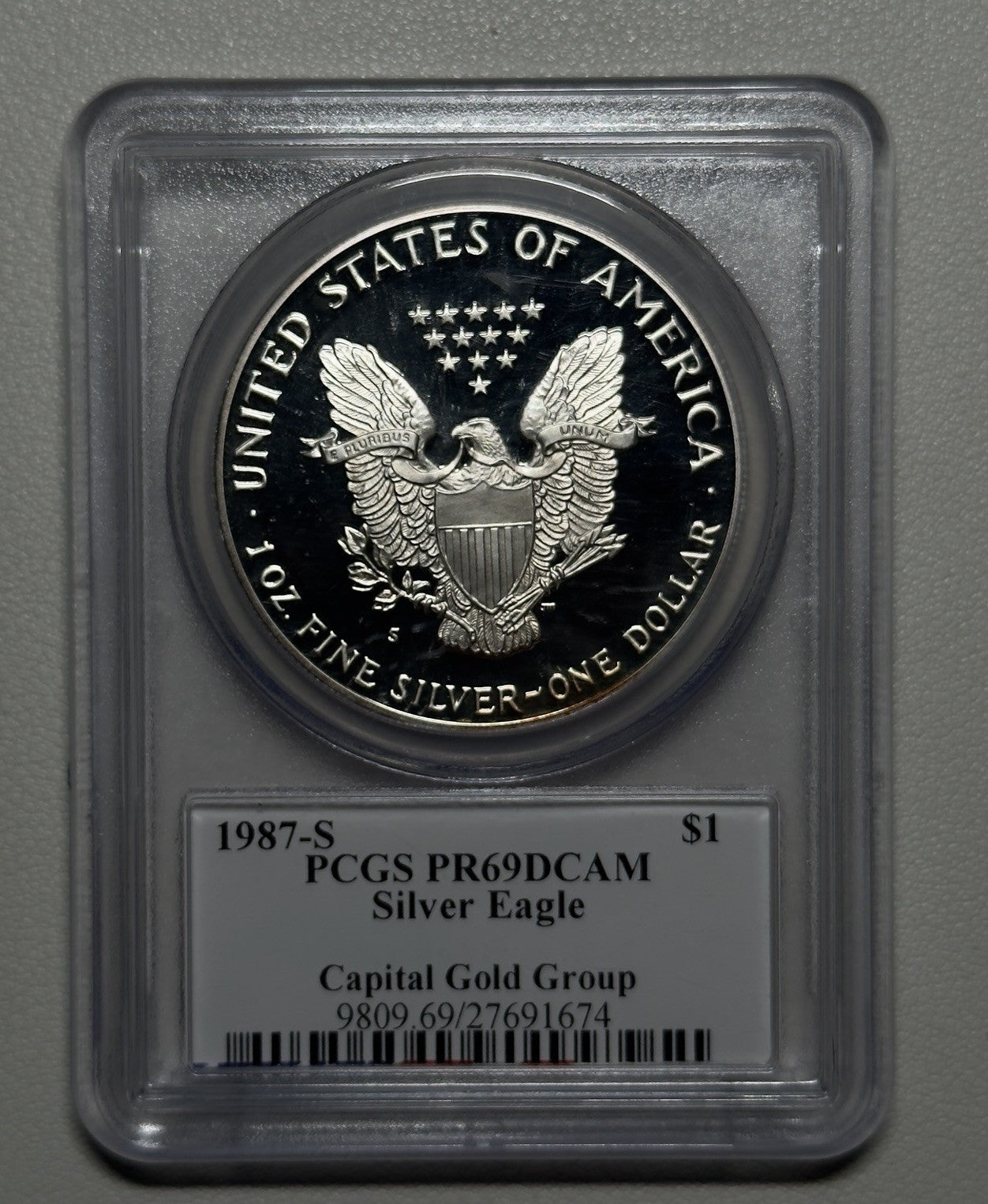 1987 S PROOF SILVER EAGLE PCGS PR69 DCAM EDMUND C. MOY HAND SIGNED FLAG LABEL