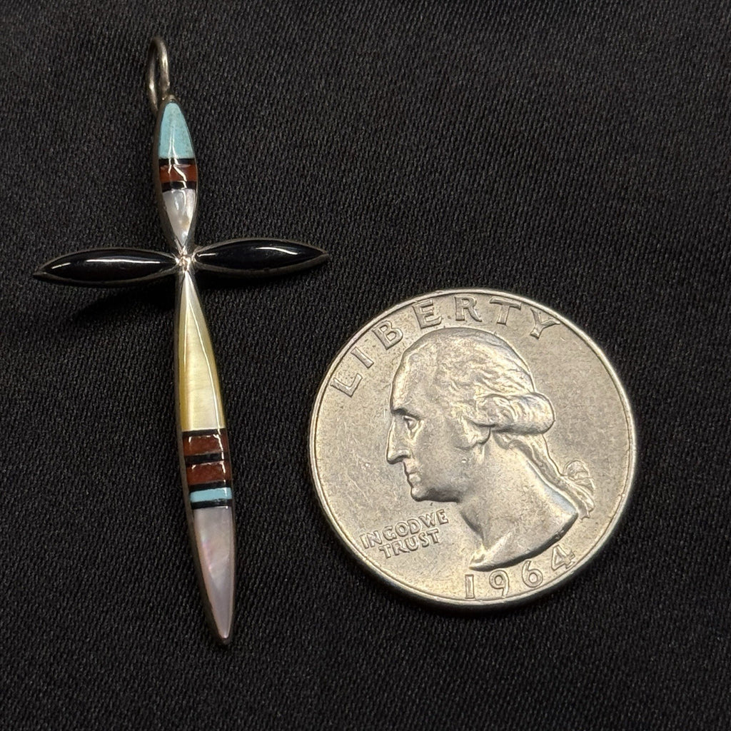 Native American Sterling Silver Pendant Inlay MOP  Coral Turquoise Signed Zuni