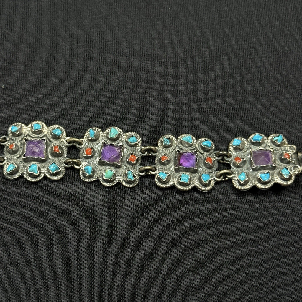 Estate Sterling Silver Matl Style Amethyst Turquoise Coral Bracelet 925 TP-102MX