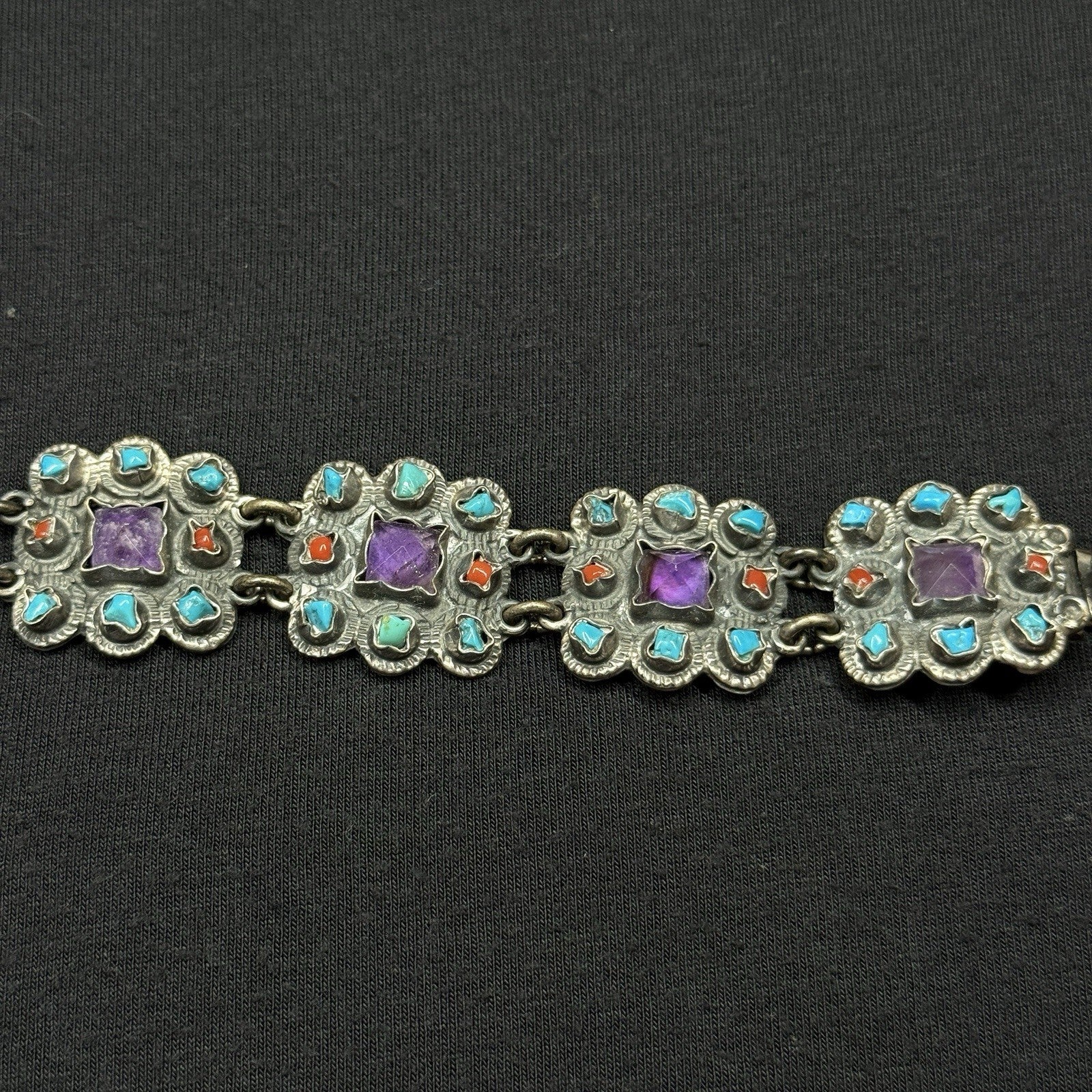 Estate Sterling Silver Matl Style Amethyst Turquoise Coral Bracelet 925 TP-102MX