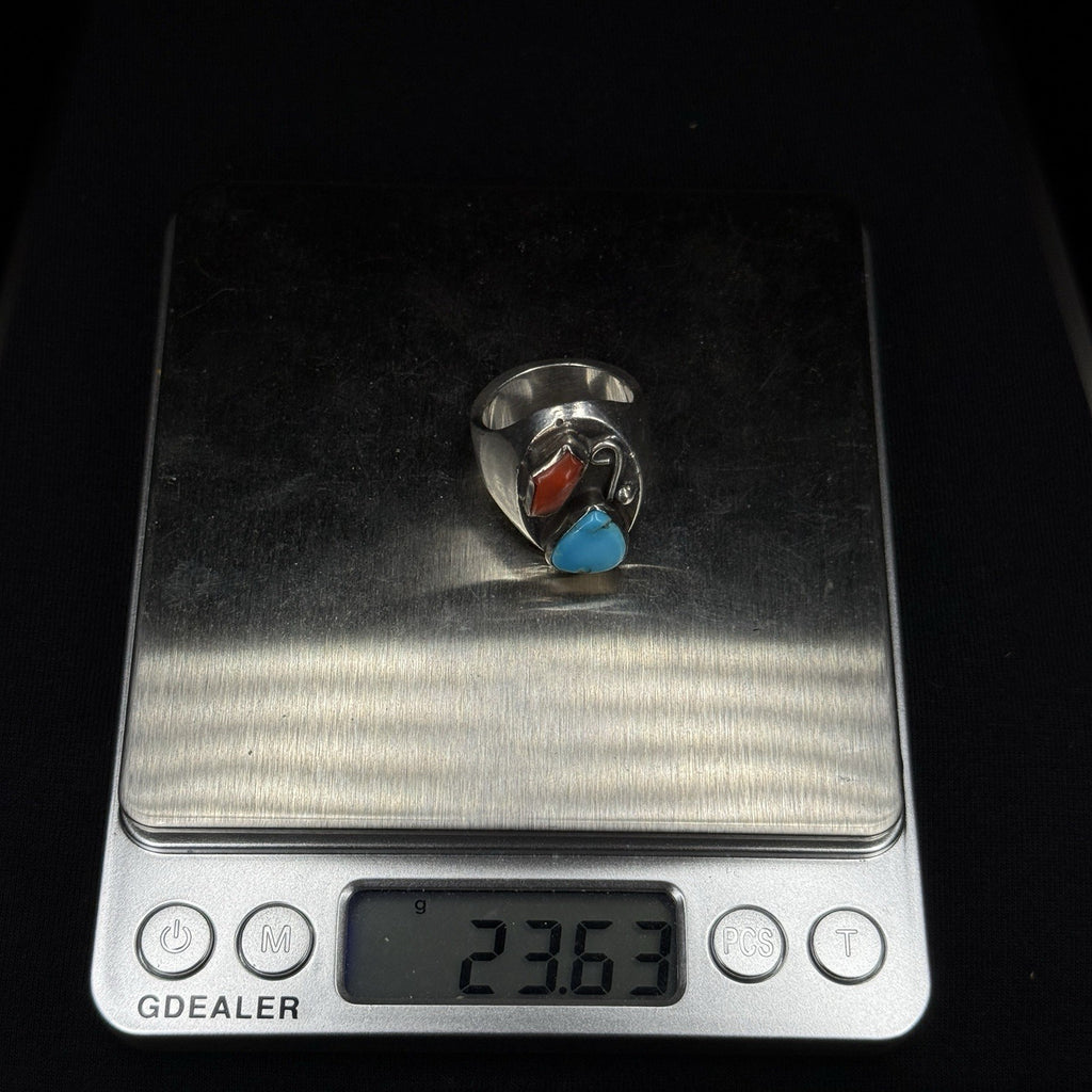 Native Turquoise Coral Large HEAVY Sterling Silver Ring Size 10 925