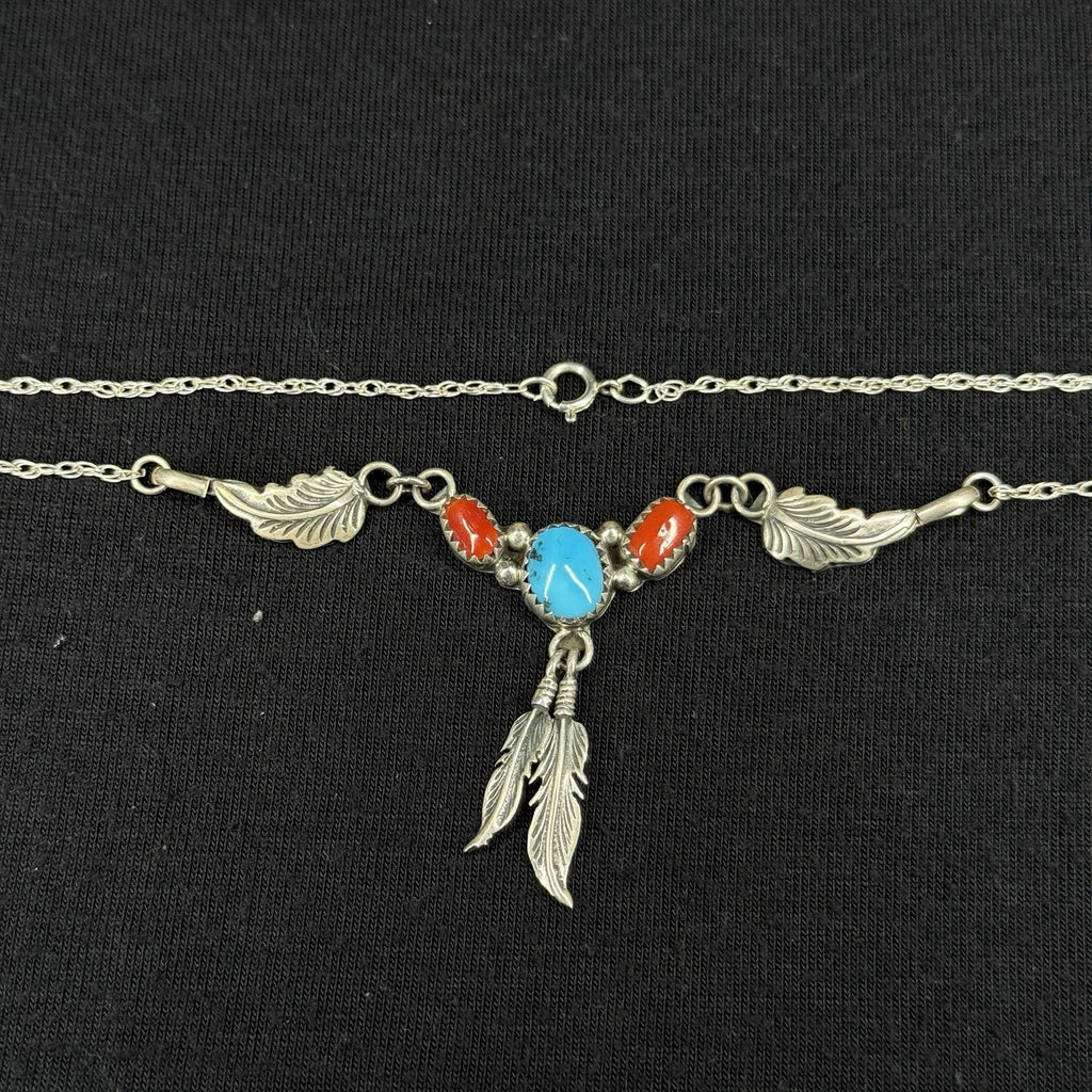 Estate Sterling Silver Necklace Native Navajo Turquoise Coral Feathers 925 20IN