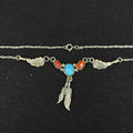 Estate Sterling Silver Necklace Native Navajo Turquoise Coral Feathers 925 20IN