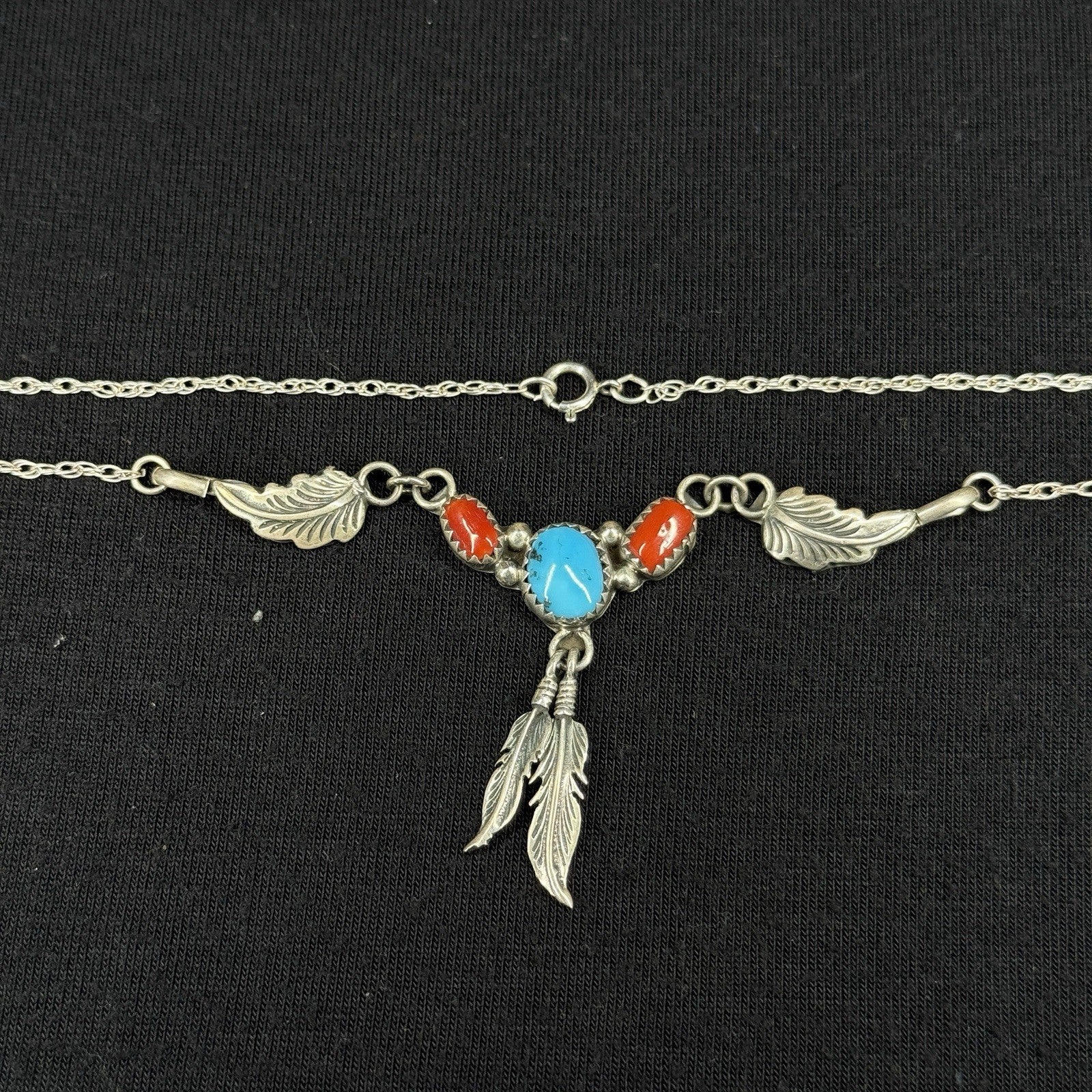 Estate Sterling Silver Necklace Native Navajo Turquoise Coral Feathers 925 20IN