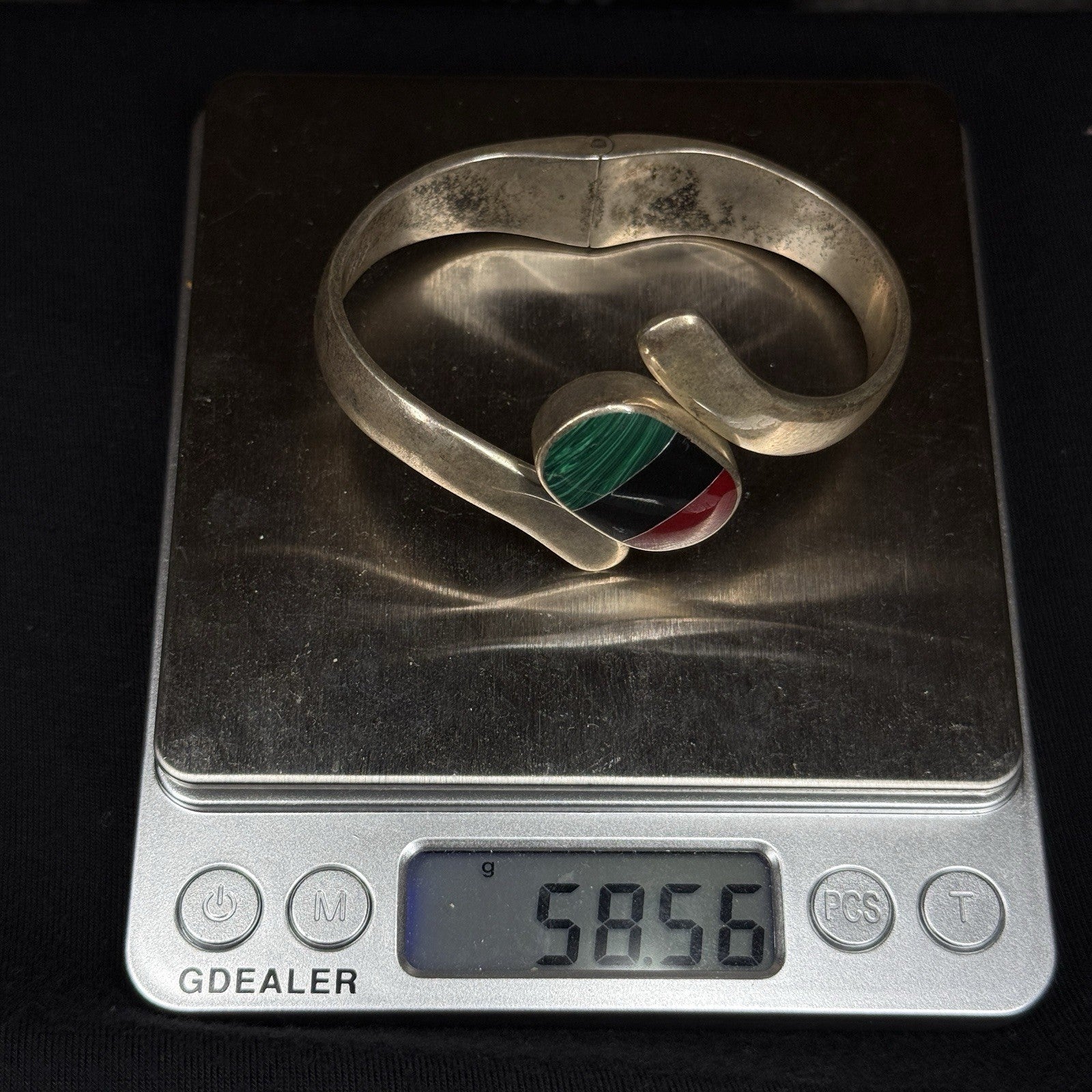 Estate Sterling Silver Stone Inlay Clamp Bangle Bracelet Cuff 925 Mexico HEAVY