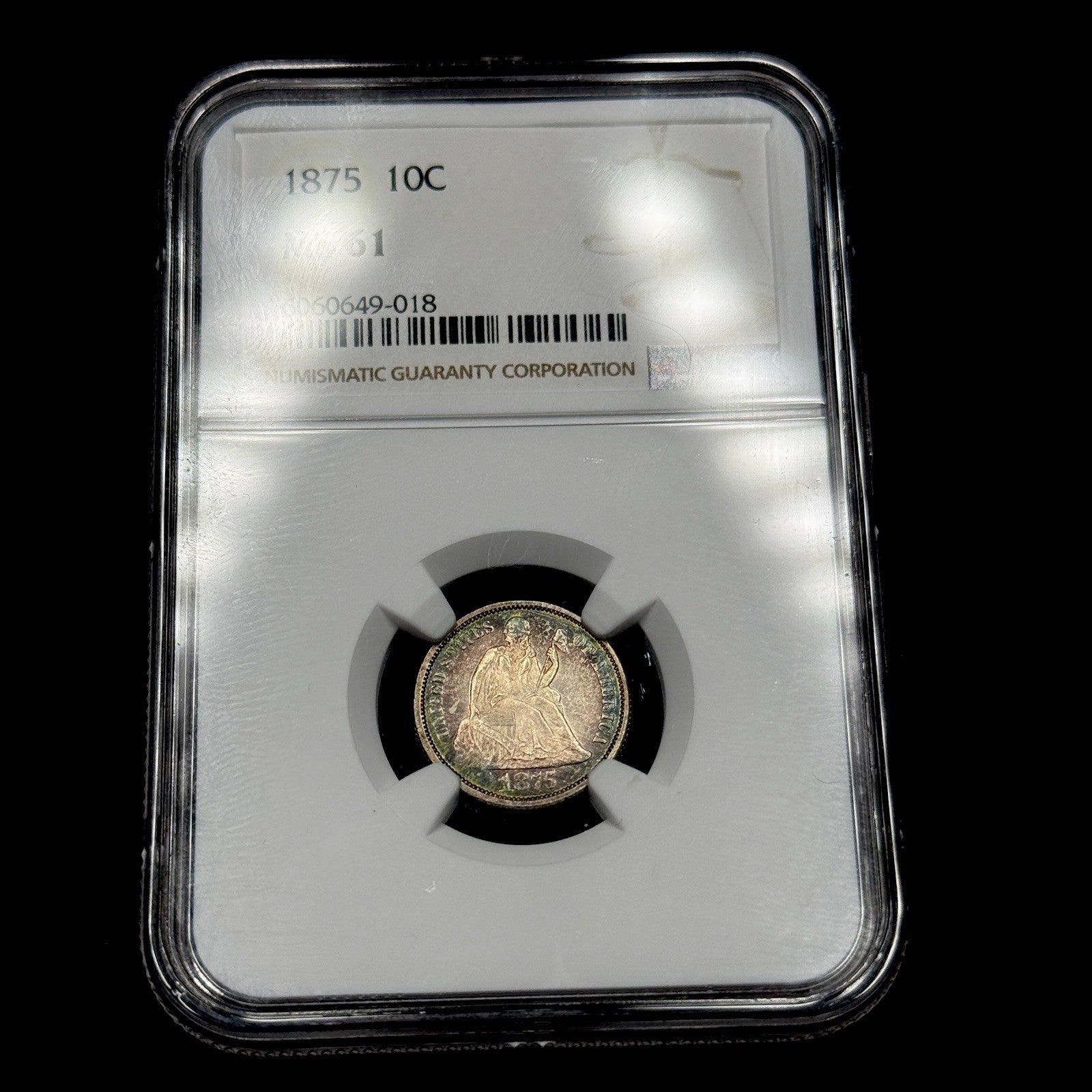 1875 10c Seated Liberty Silver Dime NGC MS61  Toned ProofLike Obverse Attractive