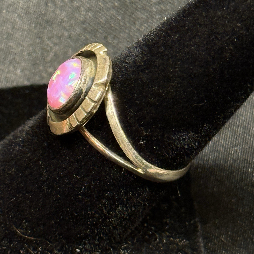 Native American Sterling Silver Ring Pink Fire Opal Signed AB Navajo Size 7