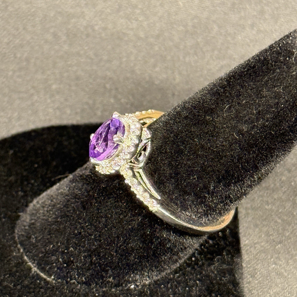 Estate Sterling Silver Ring Stone Purple Amethyst CZ Halo SZ 7 925