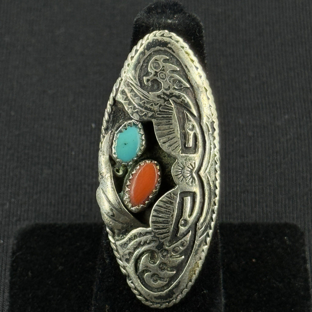 Native Turquoise Coral Thunder Bird Sterling Silver Ring Size 5.5 925 JN