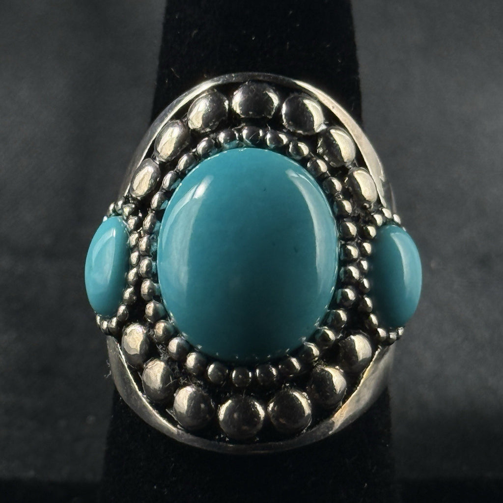Estate Sterling Silver Ring Heavy Turquoise 3 Stone Size 6 925