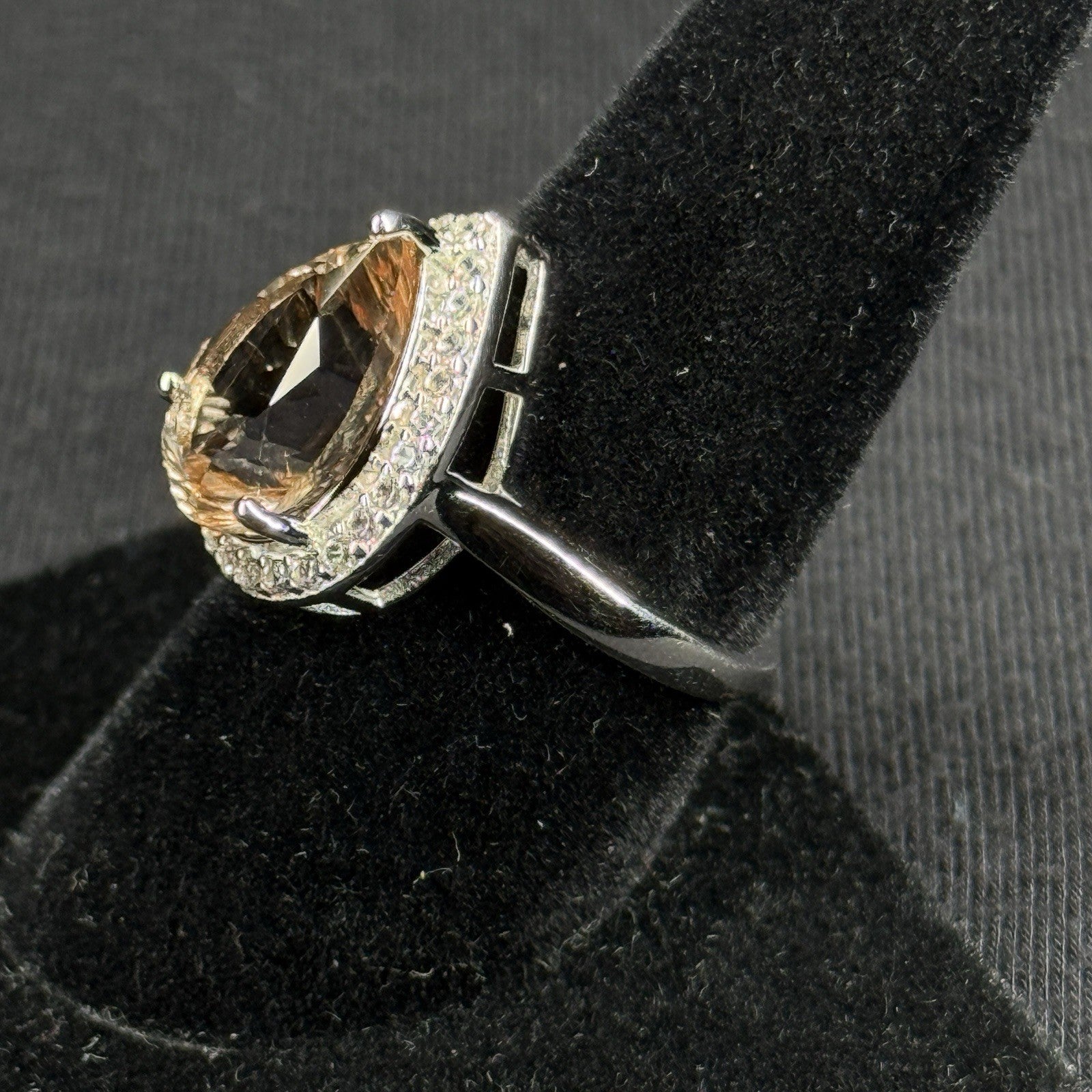 Estate Sterling Silver Ring Pear Cut Smoky Quartz Halo Ring Size 7.5 925 Djoy