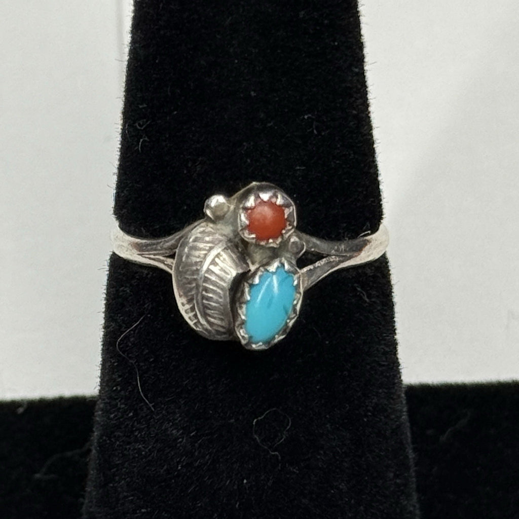 Native American Style Sterling Silver Ring Turquoise Coral 925 Size 4.5 Unsigned