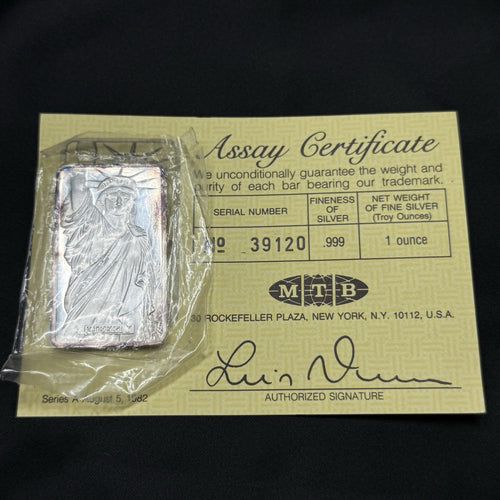 1 Oz .999 Fine Silver Liberty Bar 1982 MTB MA W/ COA