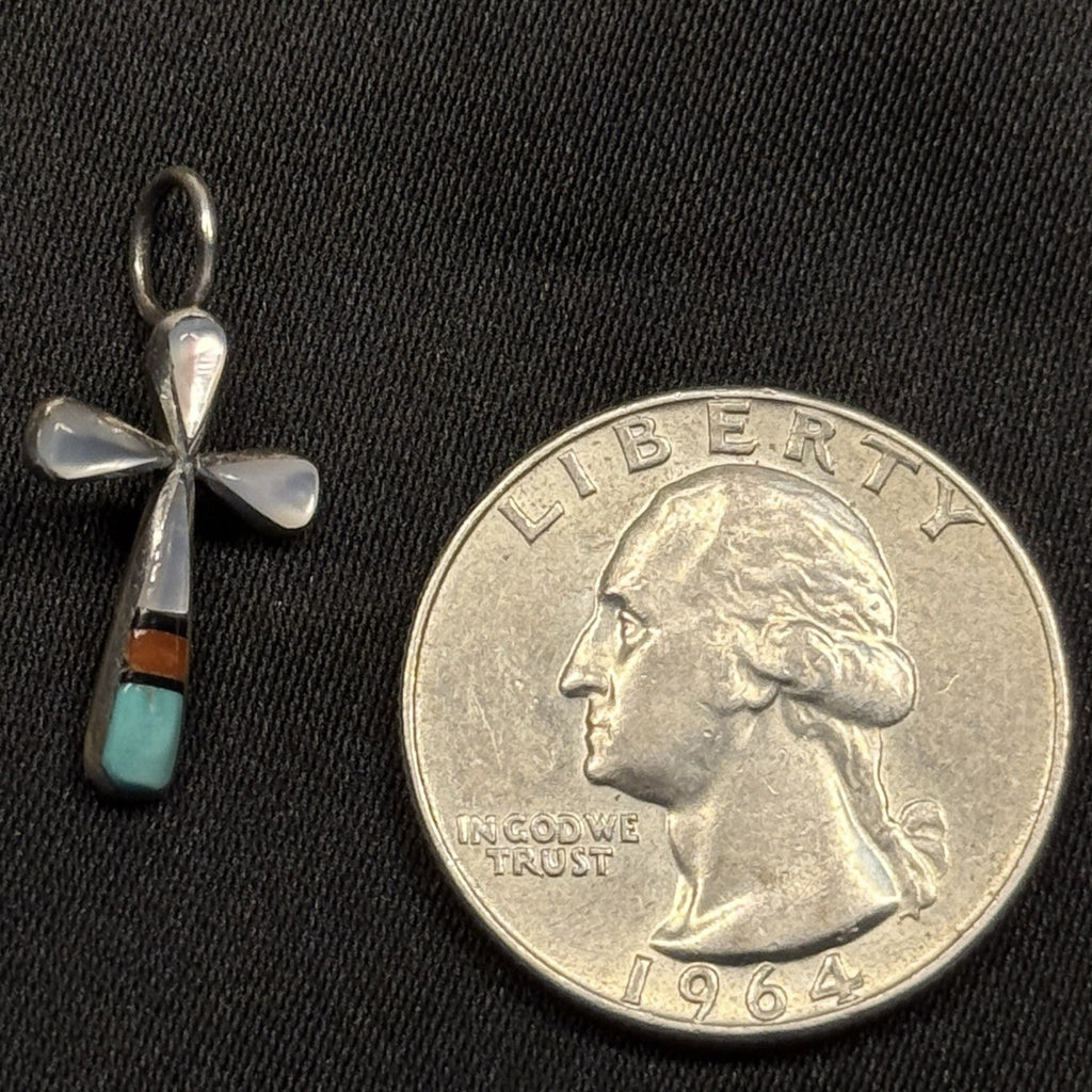 Native American Sterling Silver Pendant Inlay MOP  Coral Turquoise Signed KB