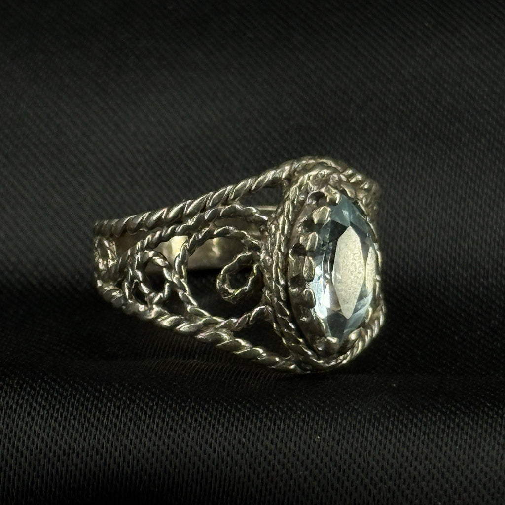 Estate Sterling Silver Ring Blue Topaz Filigree Rope Size 7 925