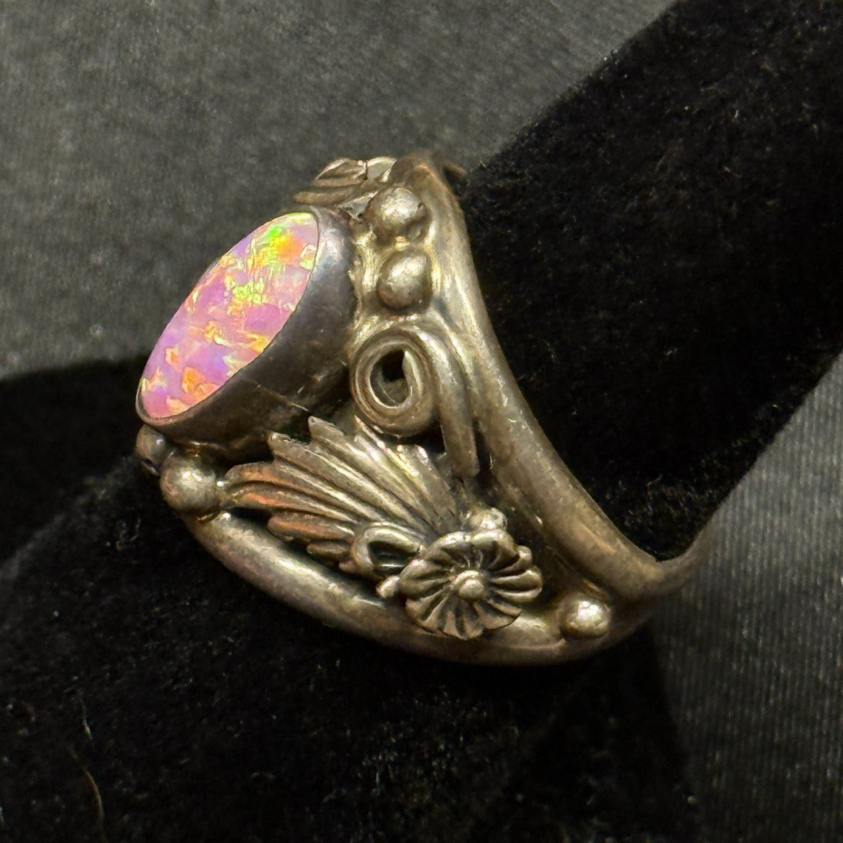 Native American Sterling Silver Ring Pink Fire Opal Signed Nila Johnson Sz 6.75