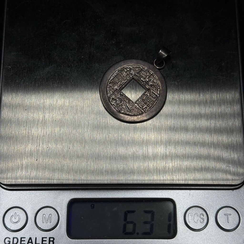 Vintage Sterling Silver 925 East Asian Cash Coin Medallion Pendant