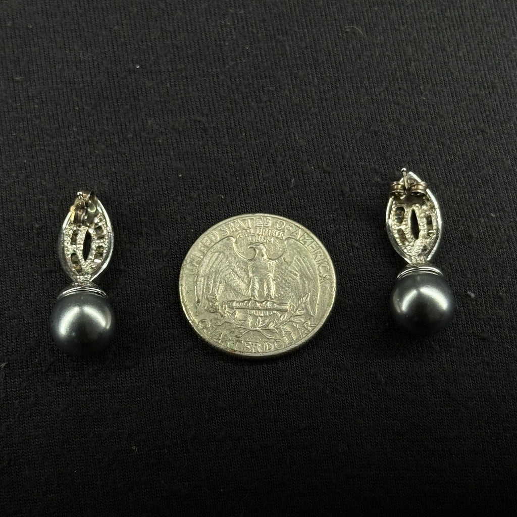 Estate Sterling Silver Earrings Black Pearl CZ Stud 925 LR