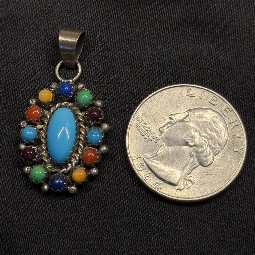Native American Sterling Silver Pendant Turquoise Multi Stone Signed SRY GP