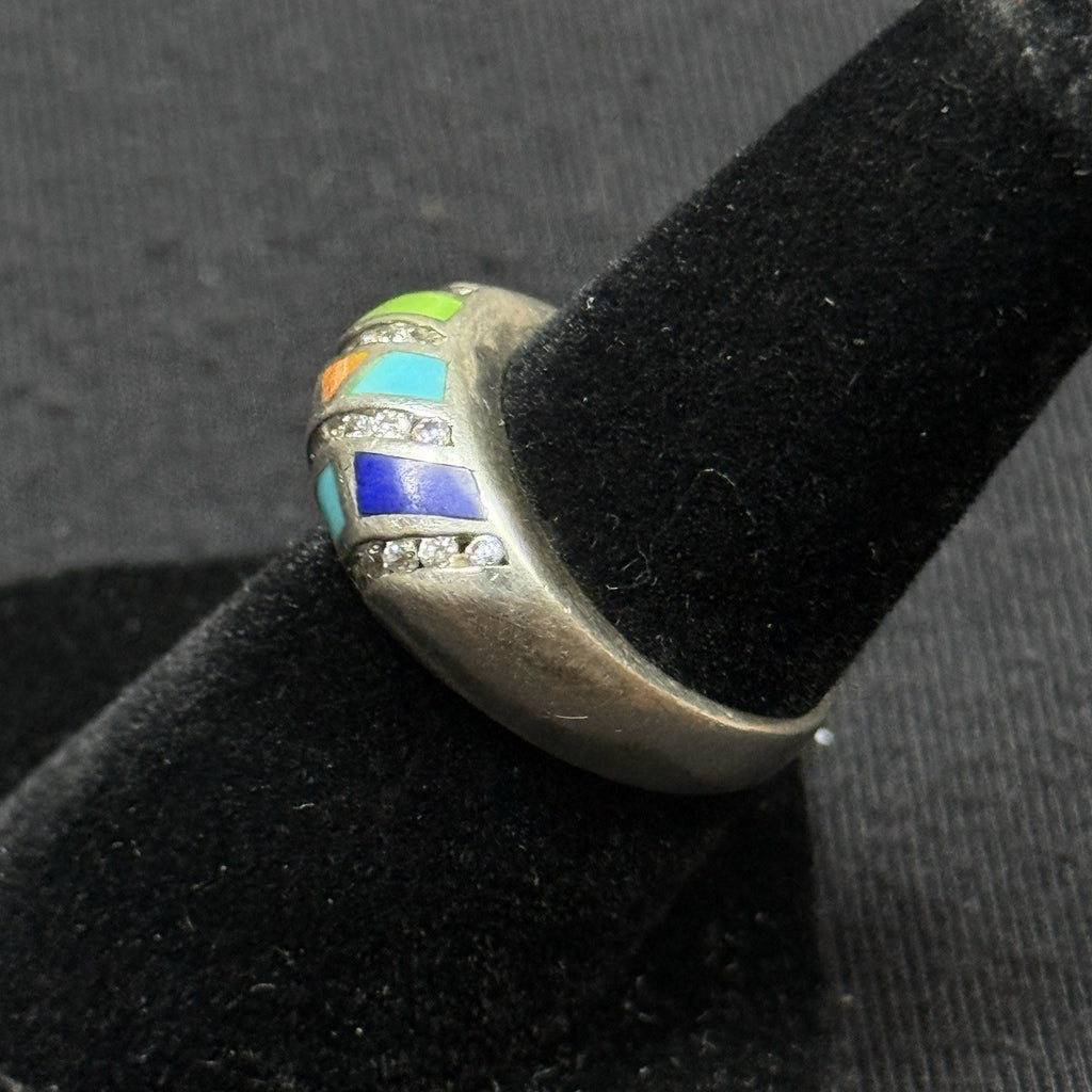 Estate Sterling Silver Stone Inlay CZ Ring Band Size 6 925