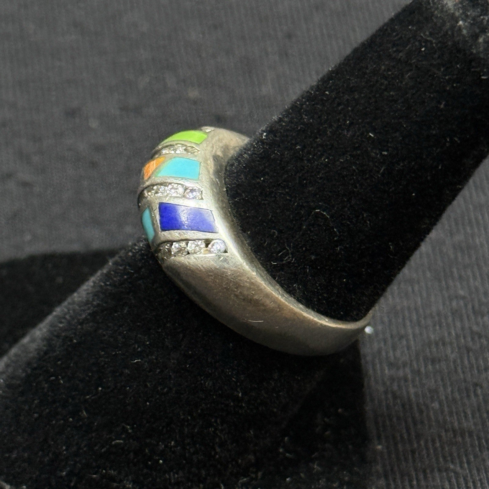 Estate Sterling Silver Stone Inlay CZ Ring Band Size 6 925