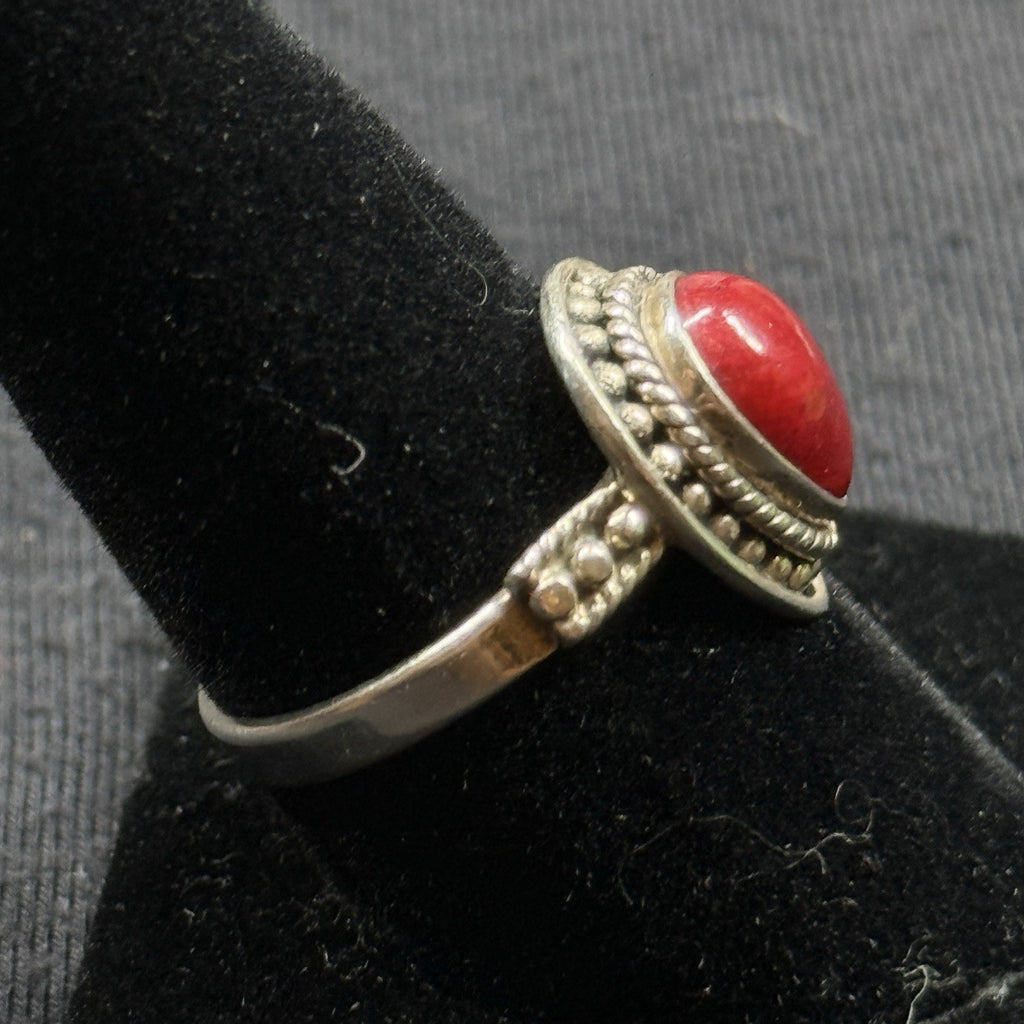 Boho Red Coral Pear Cabochon Sterling Silver Ring Size 8 925