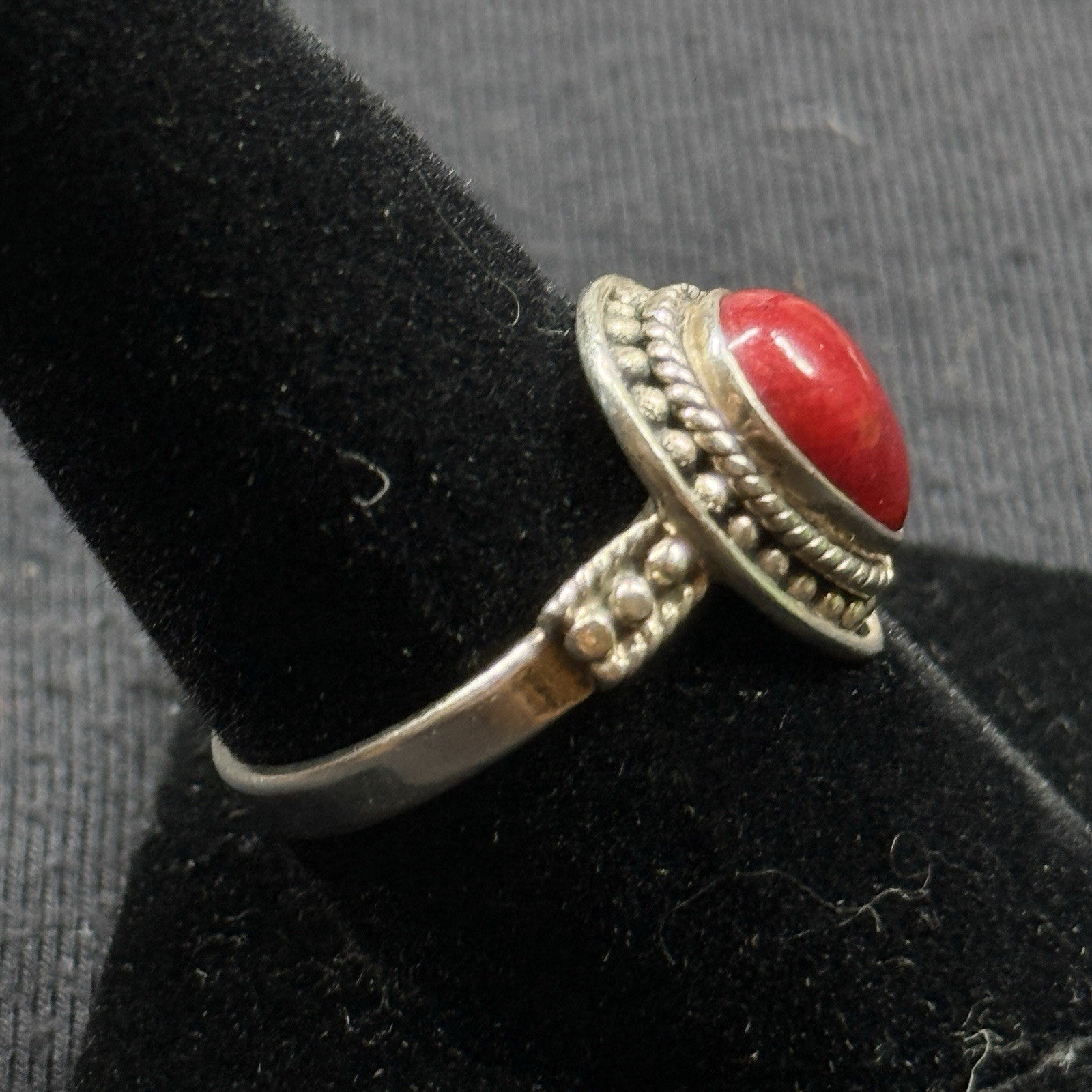 Boho Red Coral Pear Cabochon Sterling Silver Ring Size 8 925