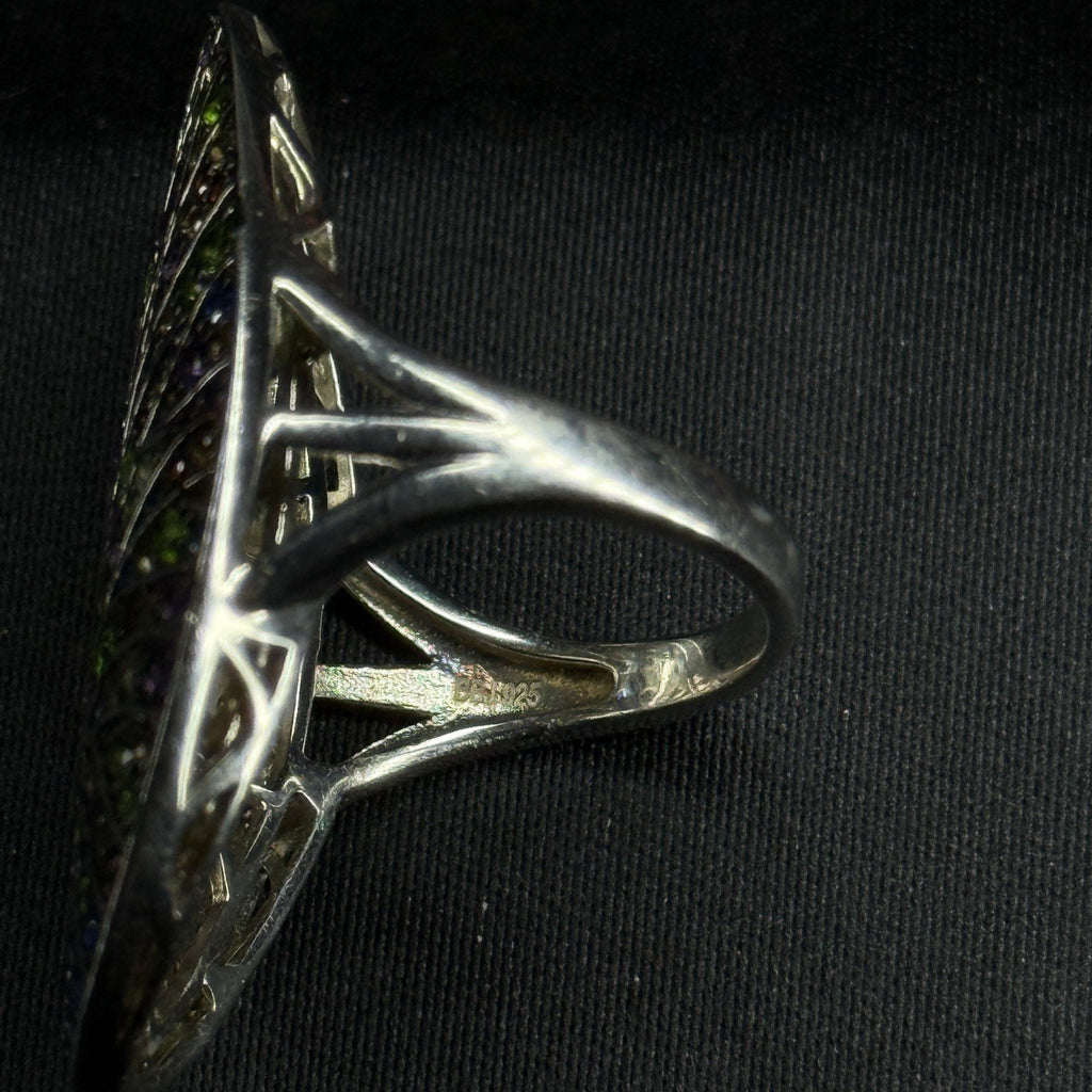 Estate Sterling Silver Ring Multi Gemstone Peacock Colorful 925 Size 8.75 BBJ