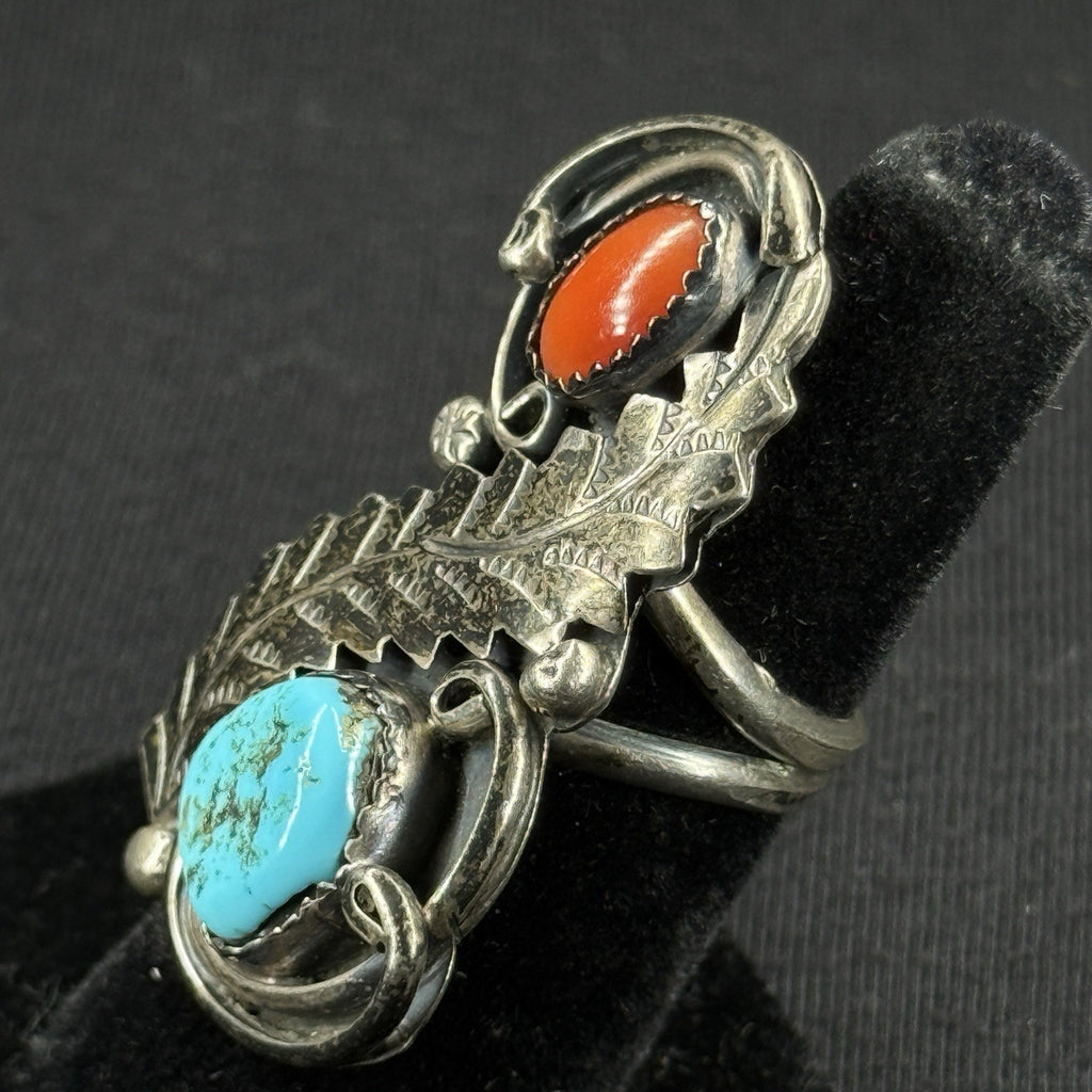 Native Turquoise Coral Feather Sterling Silver Ring Size 5.25 925 H L