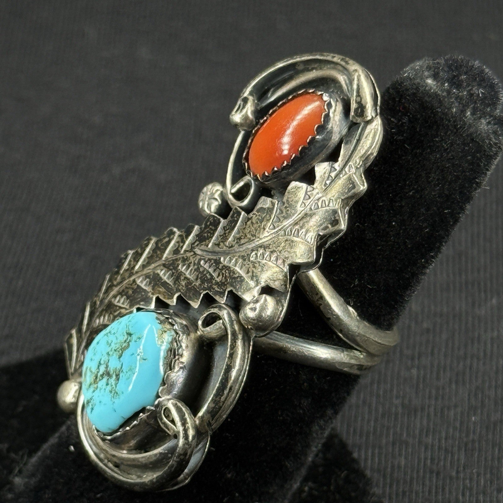 Native Turquoise Coral Feather Sterling Silver Ring Size 5.25 925 H L