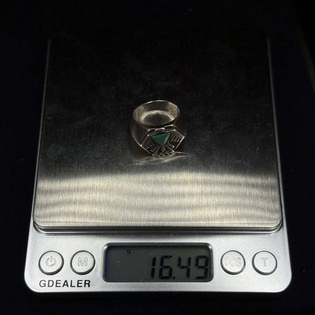 Native Green Turquoise Sterling Silver Thunder Bird Ring Size 8 925 Heavy