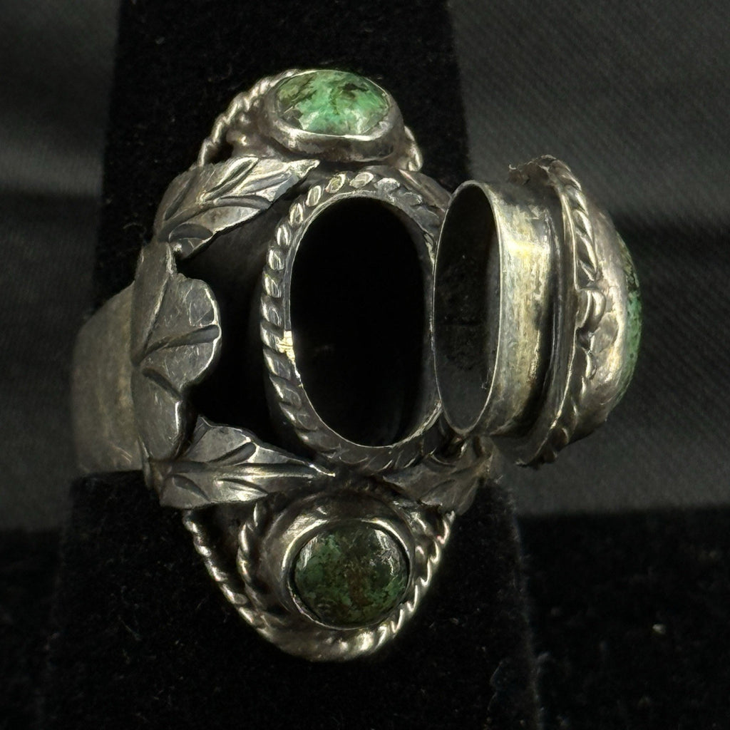 Estate Sterling Silver Pill Ring Green Turquoise Mexico Size 8 925