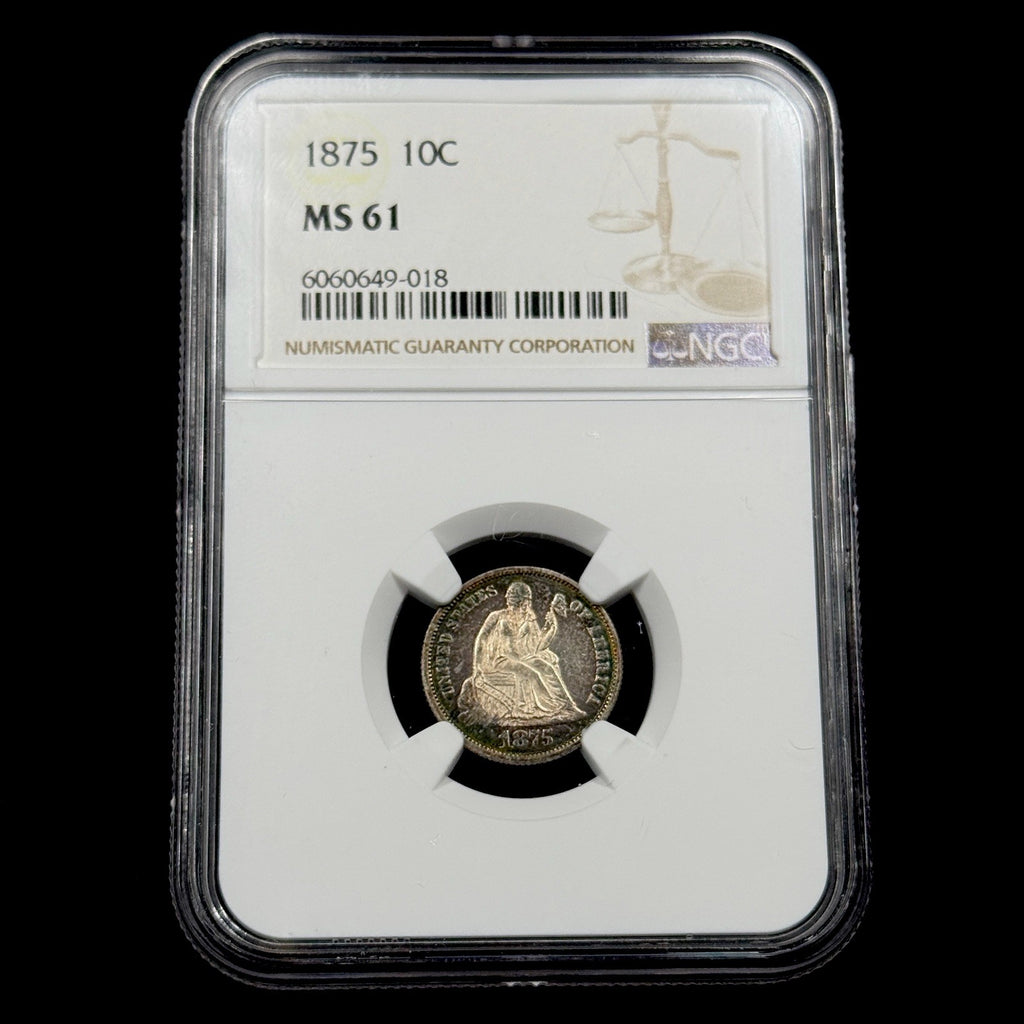 1875 10c Seated Liberty Silver Dime NGC MS61  Toned ProofLike Obverse Attractive