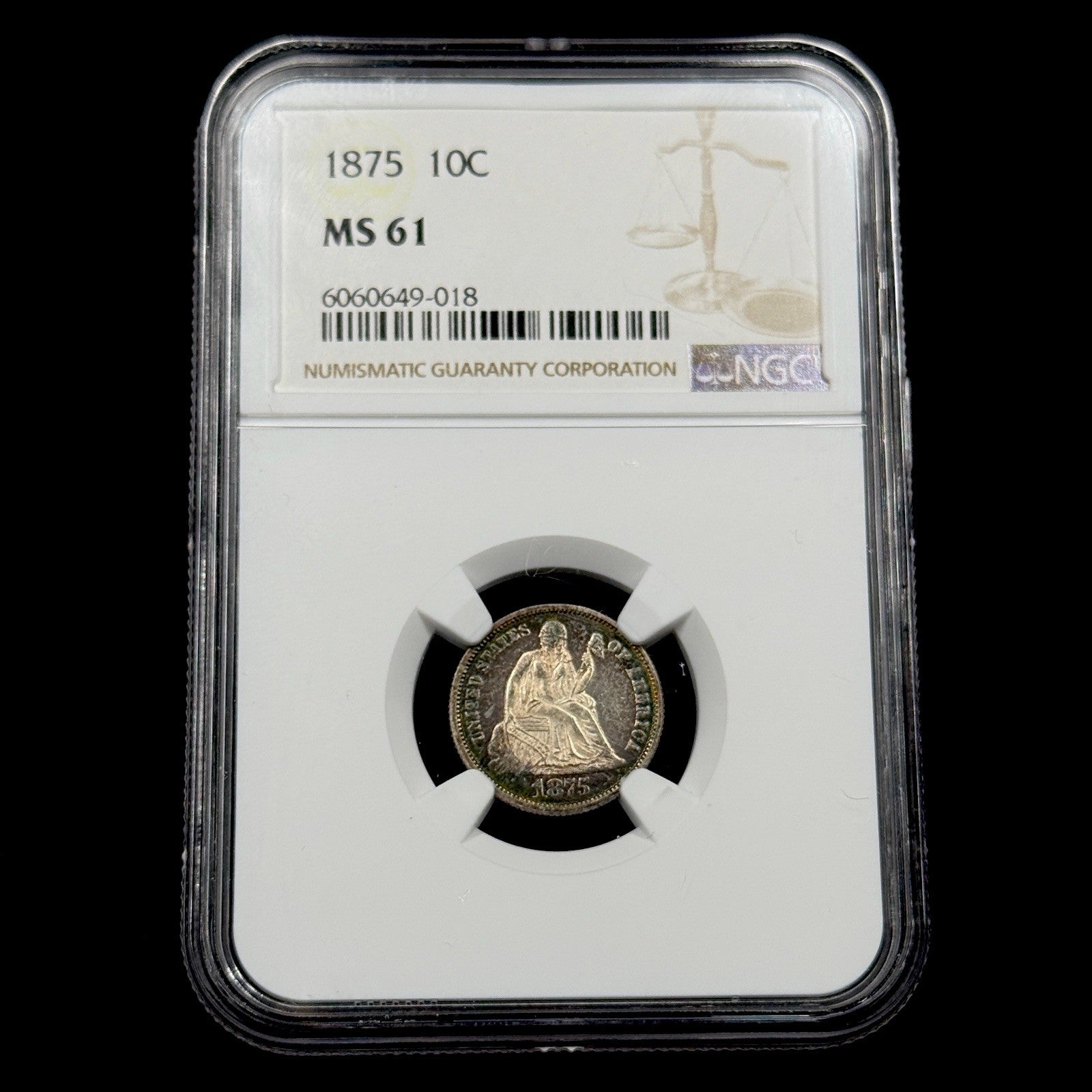 1875 10c Seated Liberty Silver Dime NGC MS61  Toned ProofLike Obverse Attractive