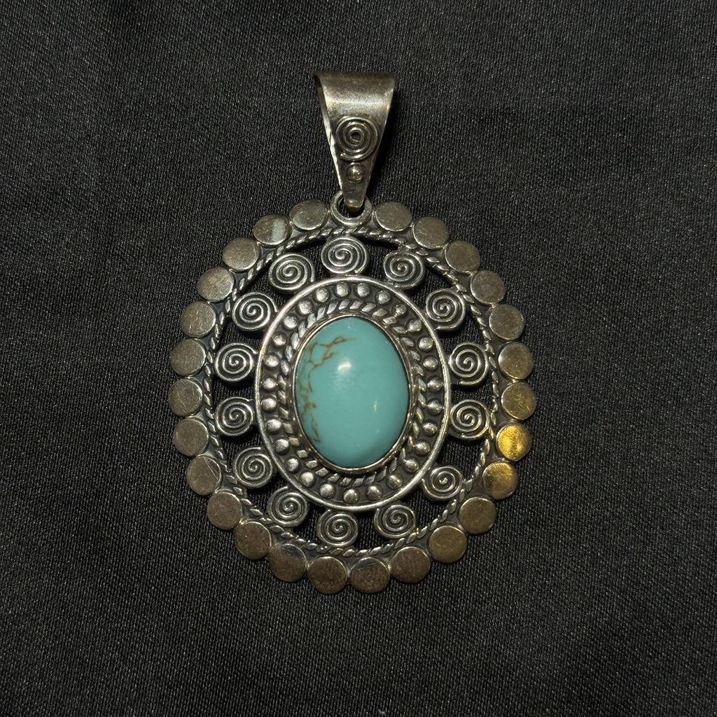 Sterling Silver Conch Turquoise Large Pendant Mexico ATI Signed