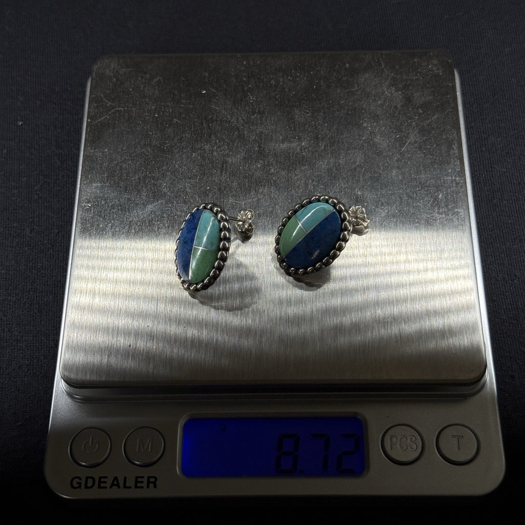 Carolyn Pollack Estate Sterling Silver Earrings Turquoise Lapis Inlay Stud 925