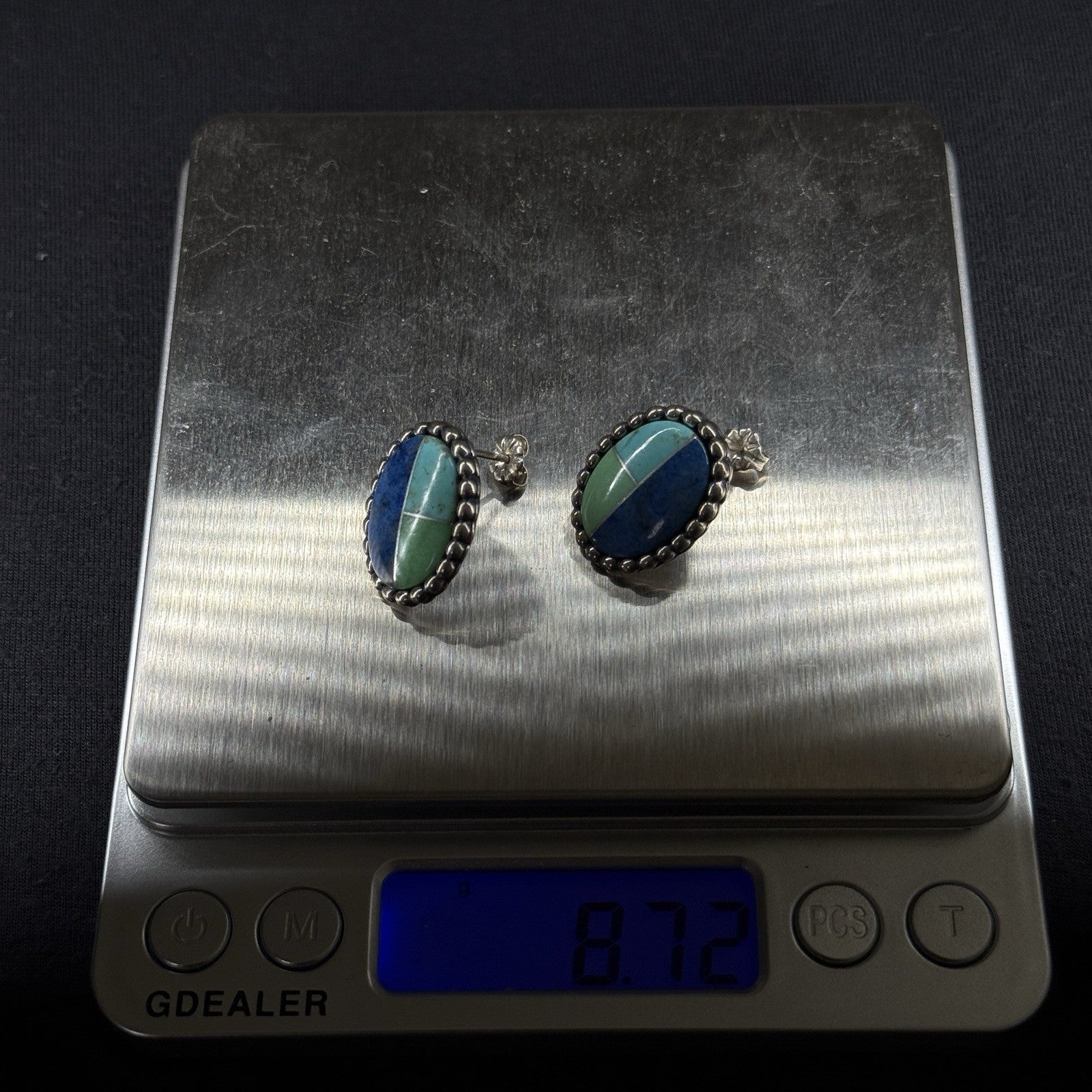 Carolyn Pollack Estate Sterling Silver Earrings Turquoise Lapis Inlay Stud 925
