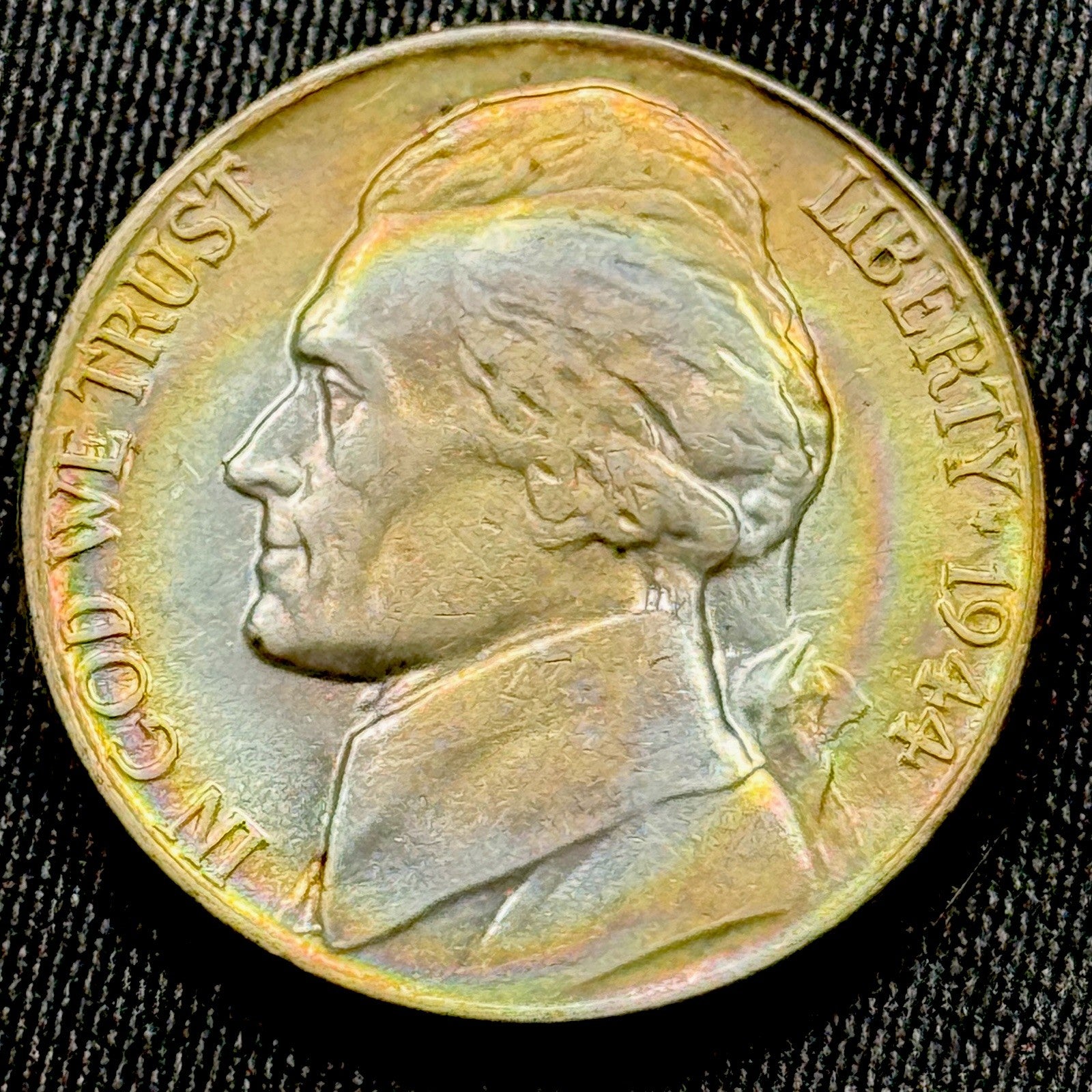 1944 P War Nickel BU Monster Rainbow Toned Silver WWII Jefferson Stunning Color
