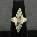 Native  Turquoise Coral Crushed Inlay Sterling Silver Ring Size 4.5 925
