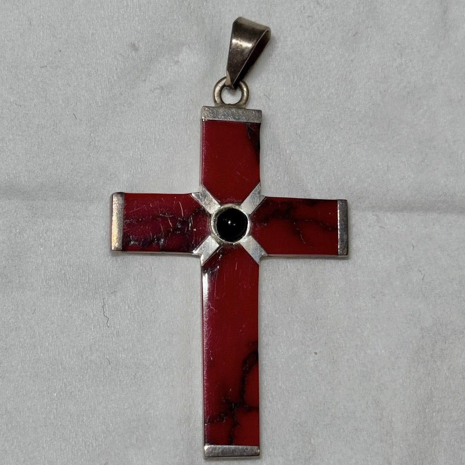 TAXCO Vintage Sterling Silver Cross Red Stone Signed TN-53