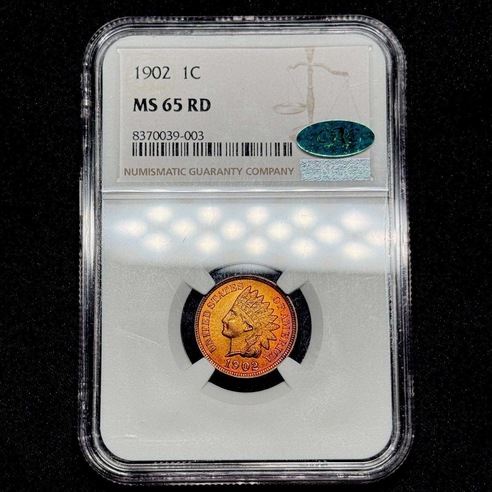 1902 Indian Head Cent NGC MS65 RD CAC Beautiful Toned Gem Red